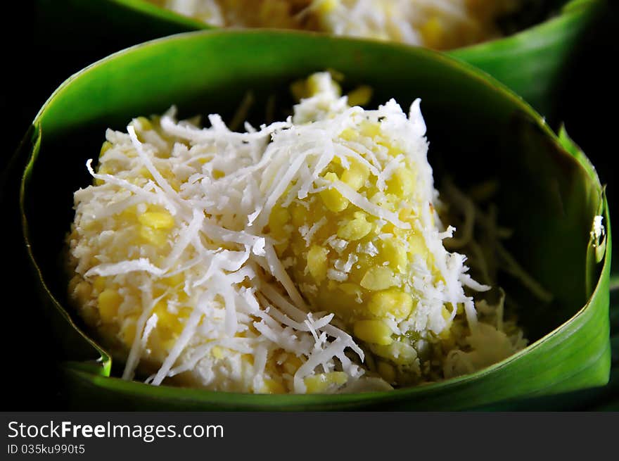 Traditional Thai dessert in the banana leaf