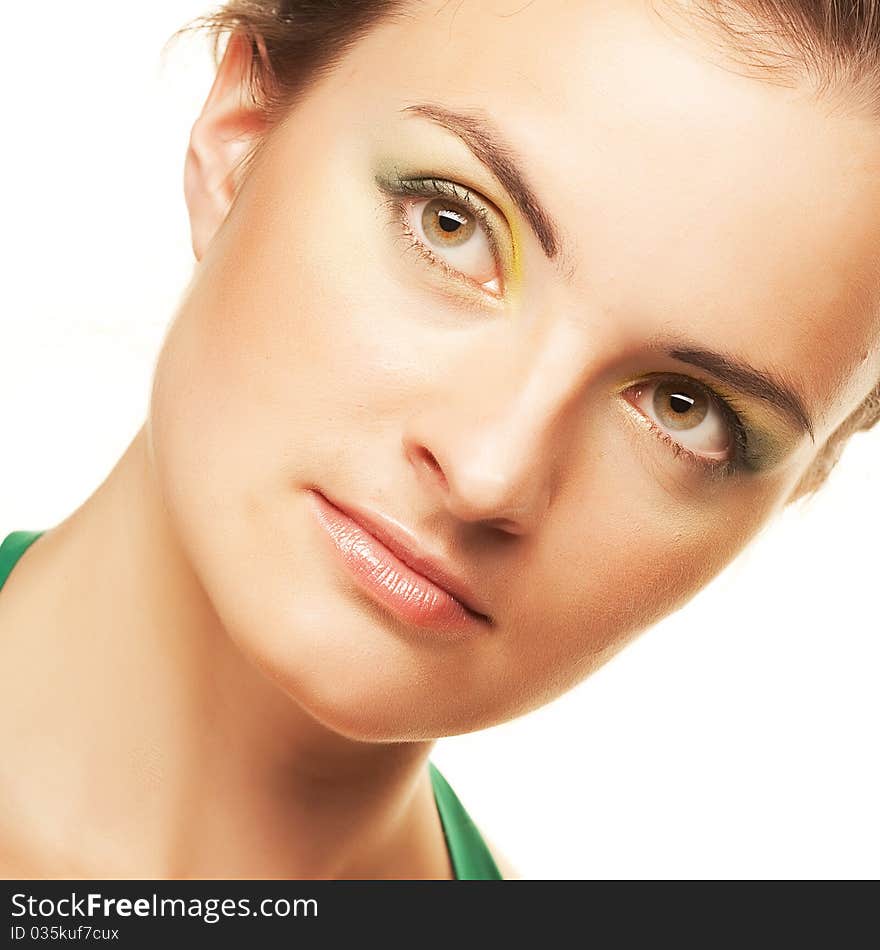 Beautiful Smiling Woman. Close-up. Isolated on white.