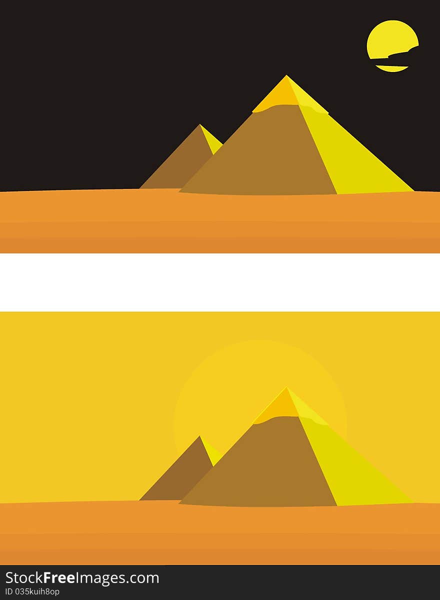 Vector llustration - Egyptian pyramids of Pharaohs. Day. Night.