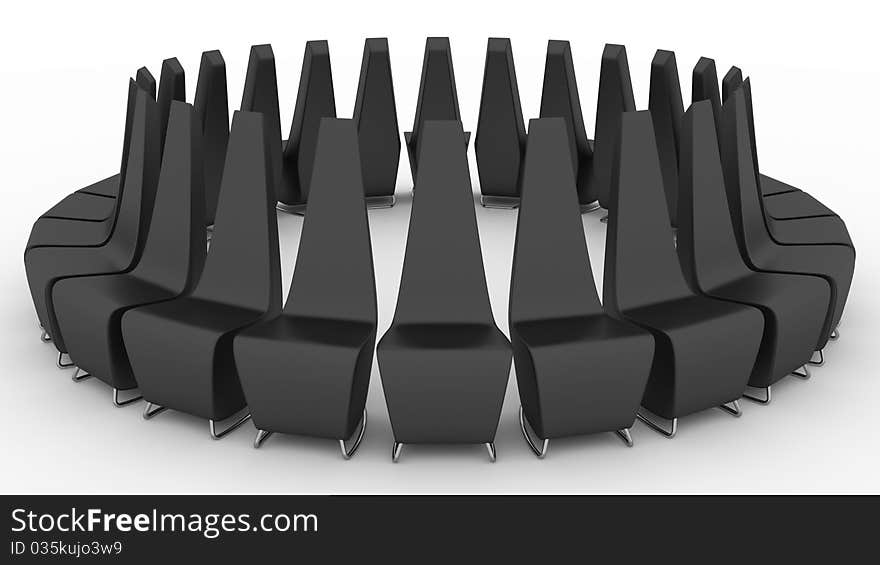 Black arm-chairs for expectation. Three-dimentional image. Black arm-chairs for expectation. Three-dimentional image