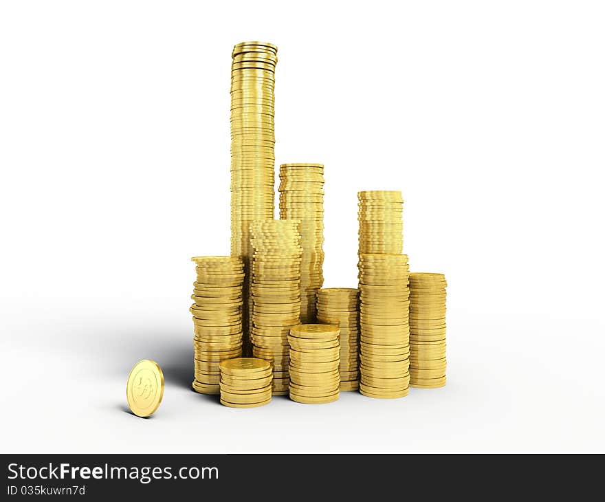 Piles of coins on a white background. Dollars. Piles of coins on a white background. Dollars