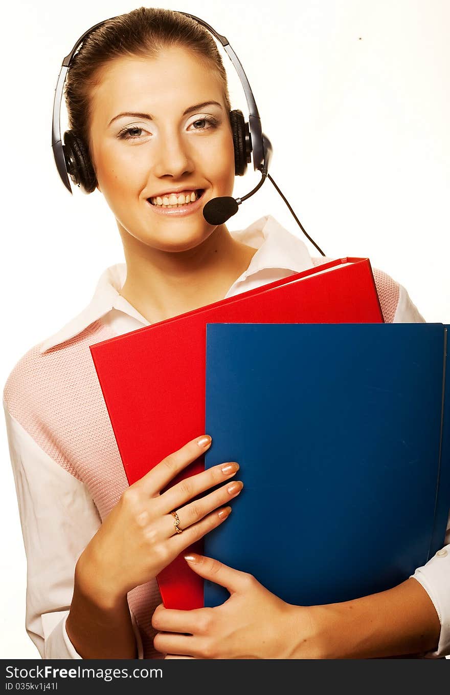 Call center woman with headset. Beautiful smiling caucasian woman isolated on white background.