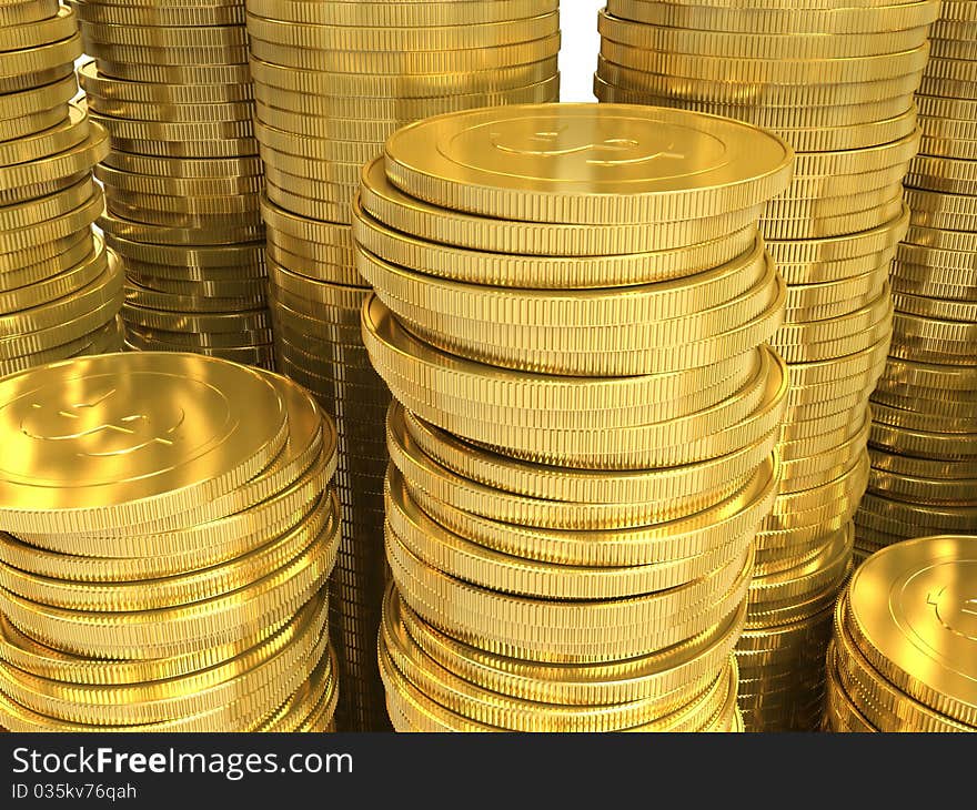 Golden coins. Closeup. Three-dimensional image