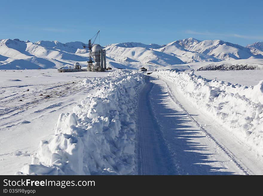 Station in mountains, Winter landscape