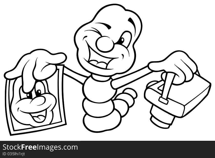 Worm Photographer - Black and White Cartoon illustration, Vector