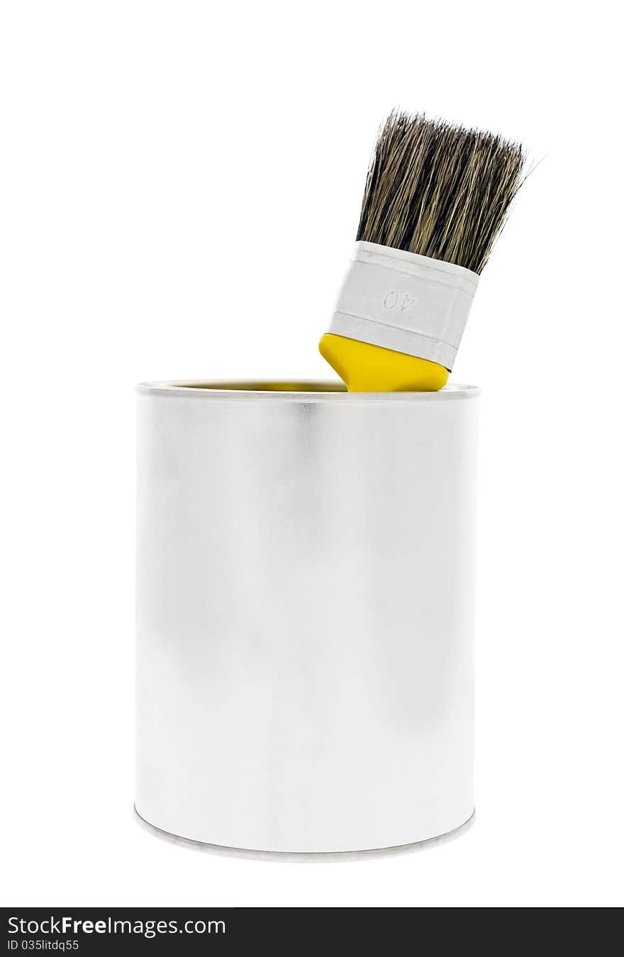 Paint can with yellow brush