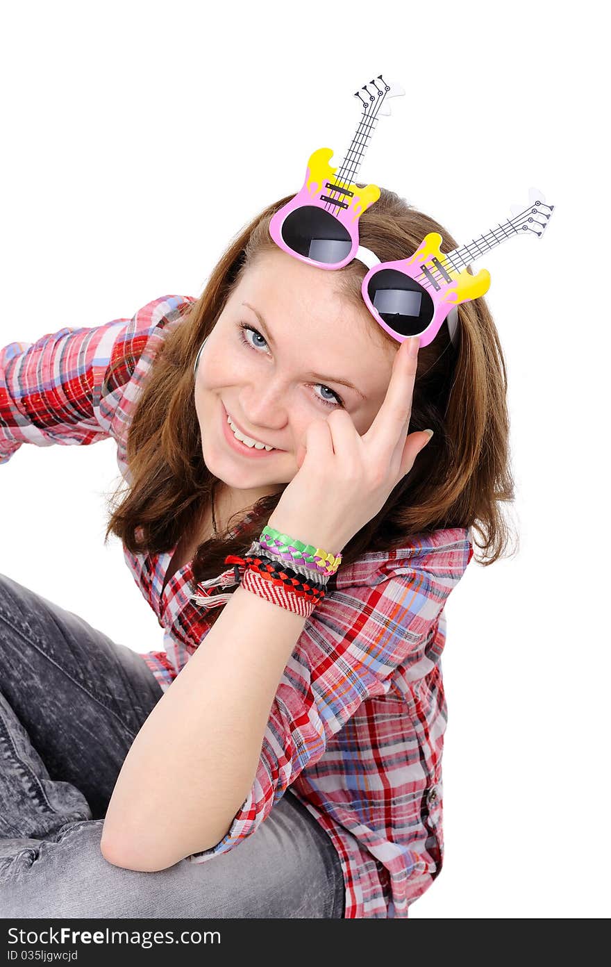 Young girl wearing silly glasses ,isolated on white background