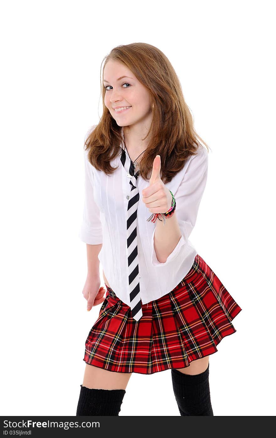 Cute girl giving OK sign isolated over white background