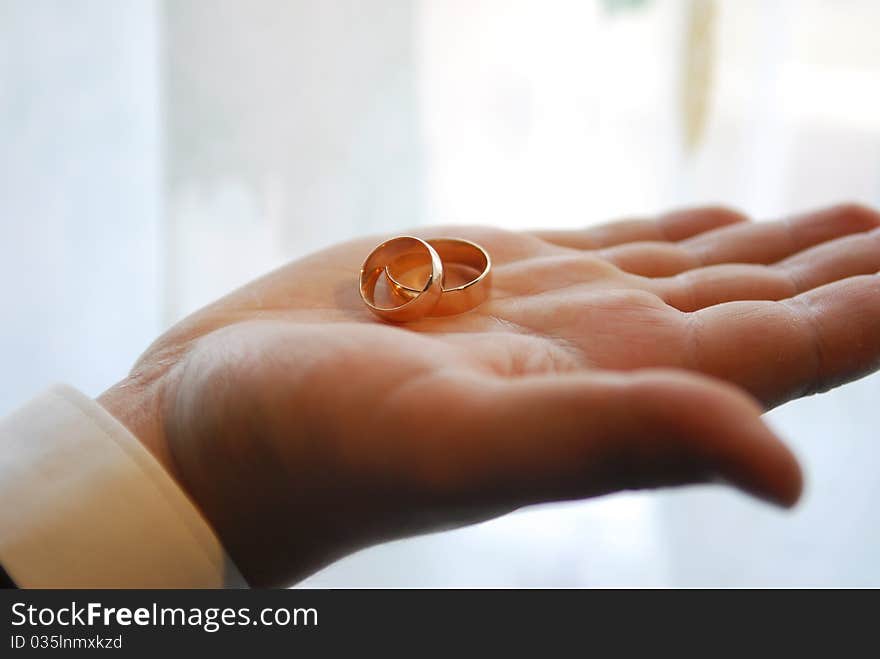 Groom holding two gold wedding rings