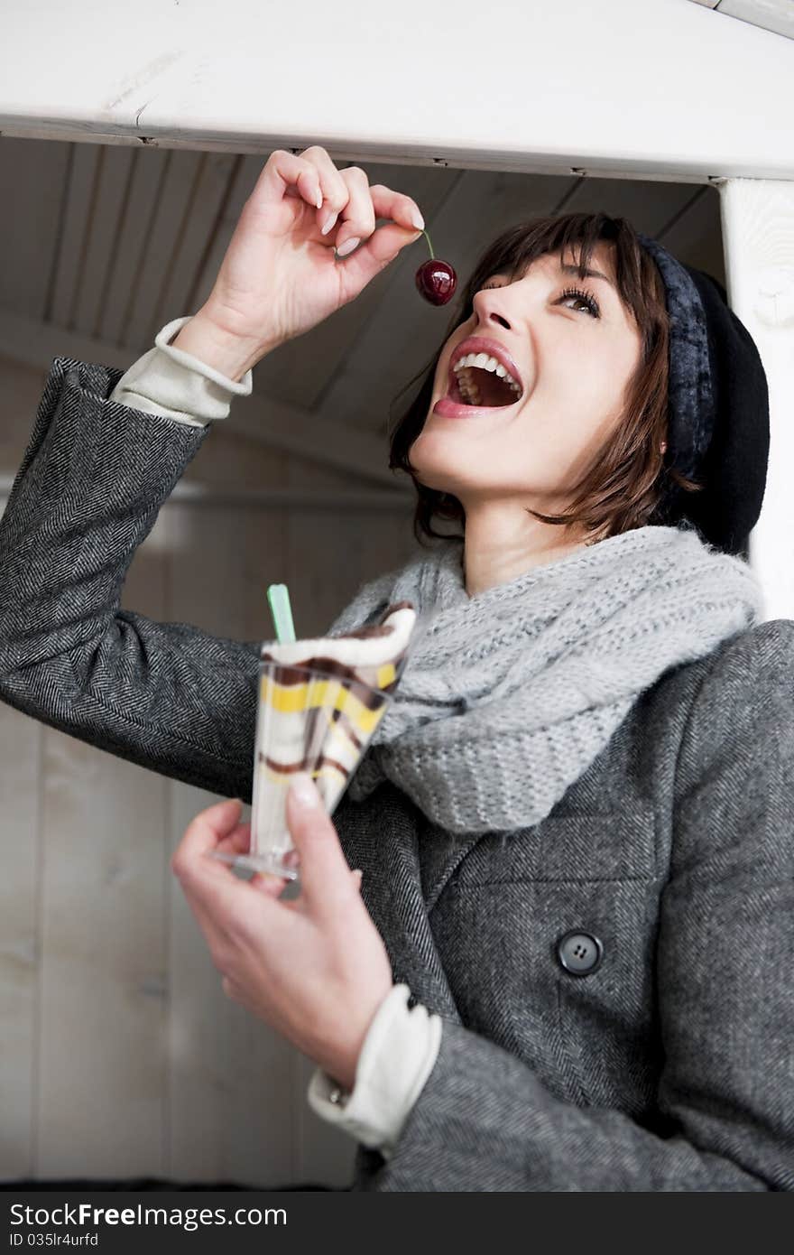 Happy Woman Enjoying Sweet, Outdoors