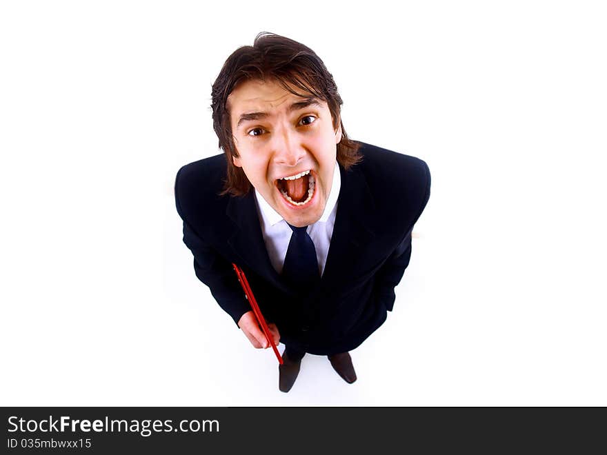 Excited mature business man screaming in victory on white background