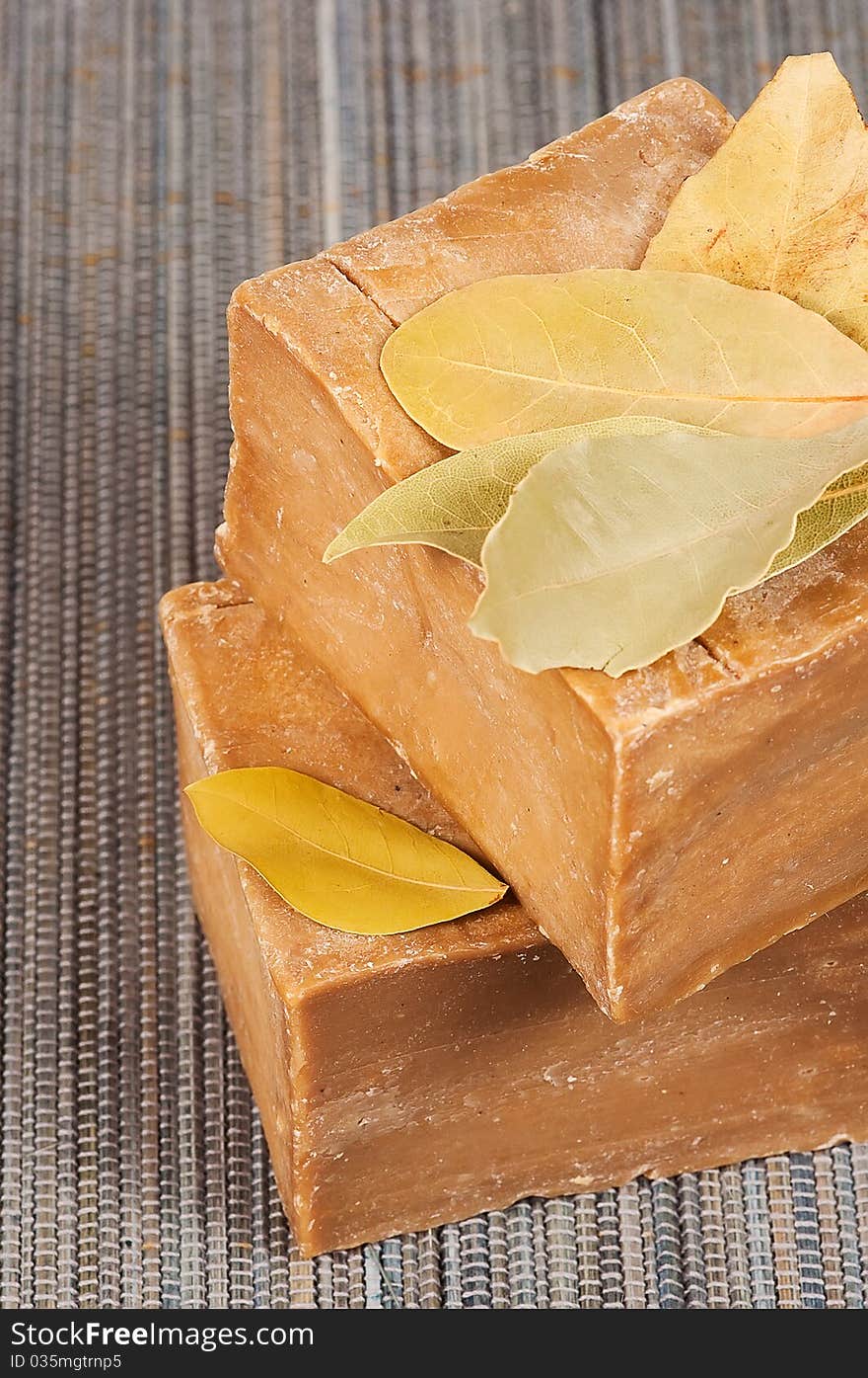 Traditional laurel soaps with dried laurel leaves. Traditional laurel soaps with dried laurel leaves