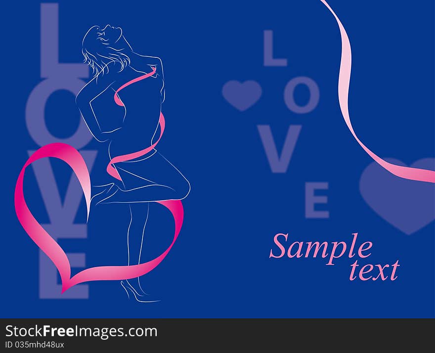 Contour of the girls on a blue background with a pink ribbon and heart