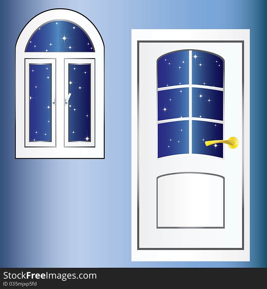 White door and window to the background of a starry sky. White door and window to the background of a starry sky.