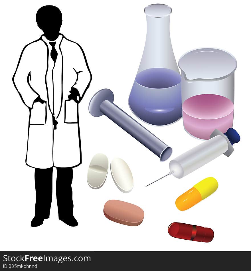 Medications and the silhouette of a physician.