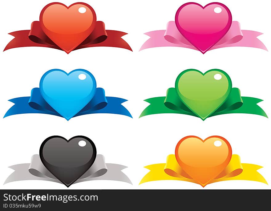 Collection of illustrations of hearts on ribbons. File is layered for easier editing, you can even mix-and-match the hearts and ribbons! Perfect for your valentine web buttons, ornaments, banners and cards!. Collection of illustrations of hearts on ribbons. File is layered for easier editing, you can even mix-and-match the hearts and ribbons! Perfect for your valentine web buttons, ornaments, banners and cards!