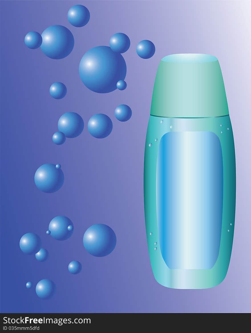 Bottle of shampoo on a blue background with the balls.