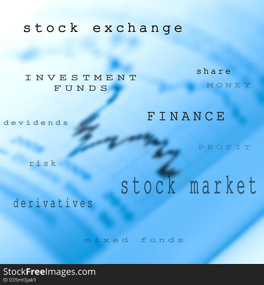 Stock market terms and stock chart in background