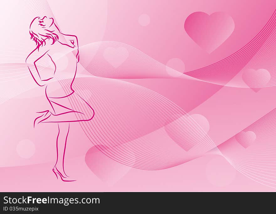 Contour of the girls on a pink background with a heart