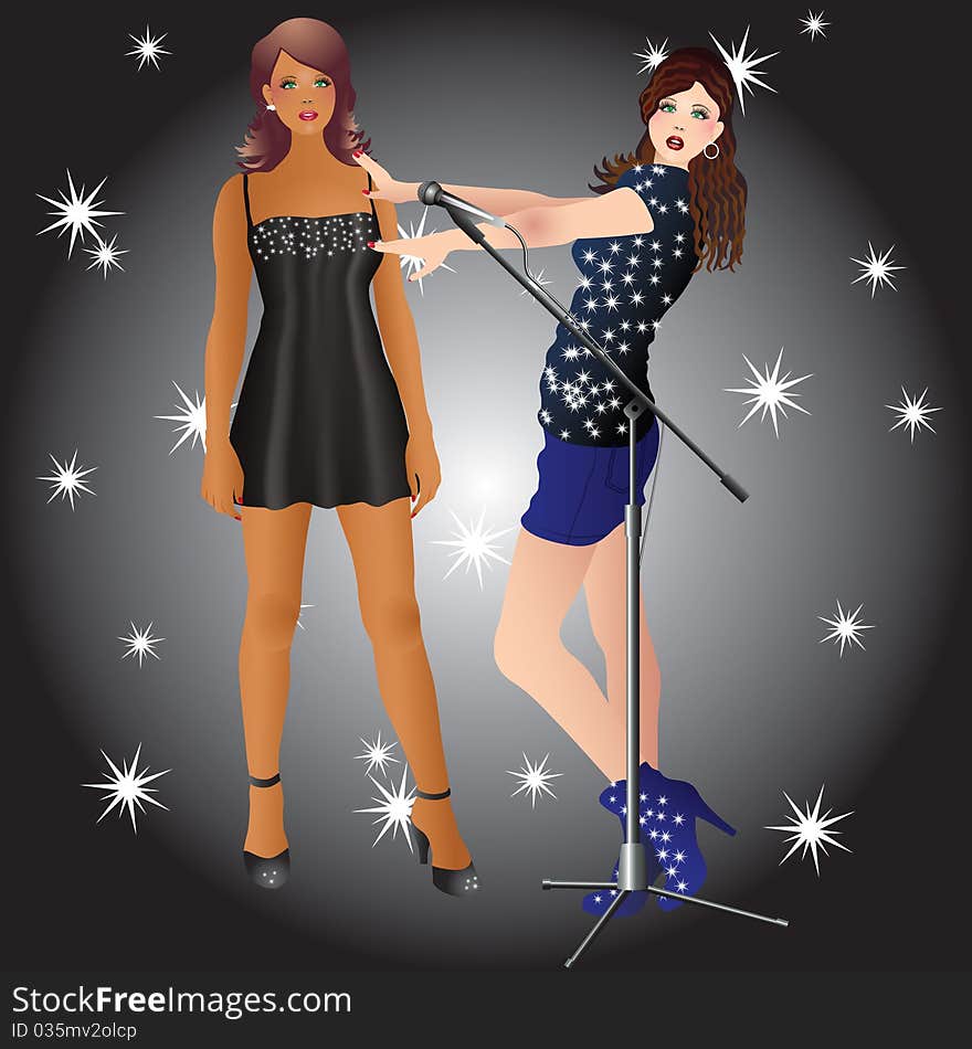 Two beautiful girls and a microphone on a black background with stars. Two beautiful girls and a microphone on a black background with stars.