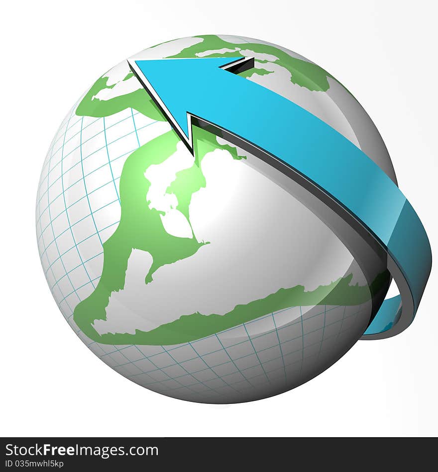 Globe surrounded by blue arrow. 3d computer modeling. Globe surrounded by blue arrow. 3d computer modeling