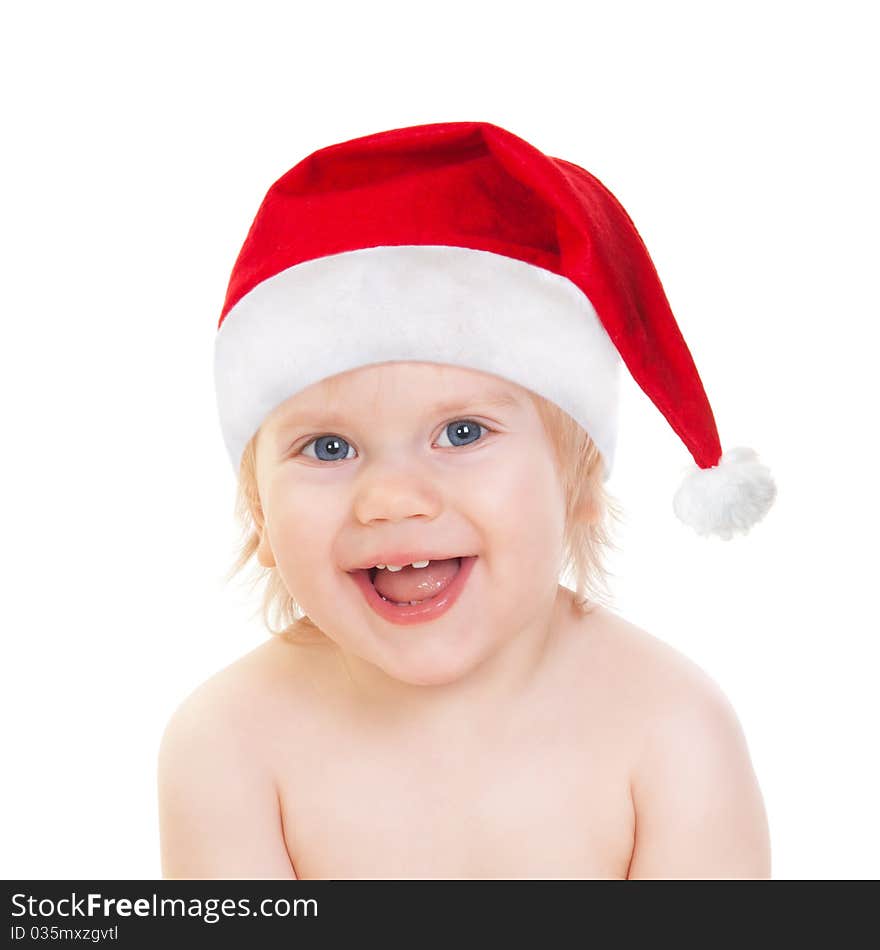 Laughing cute baby girl in Santa hat isolated on white