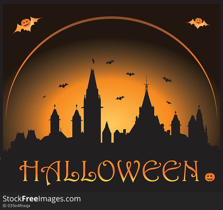 Halloween background eith castle and bats