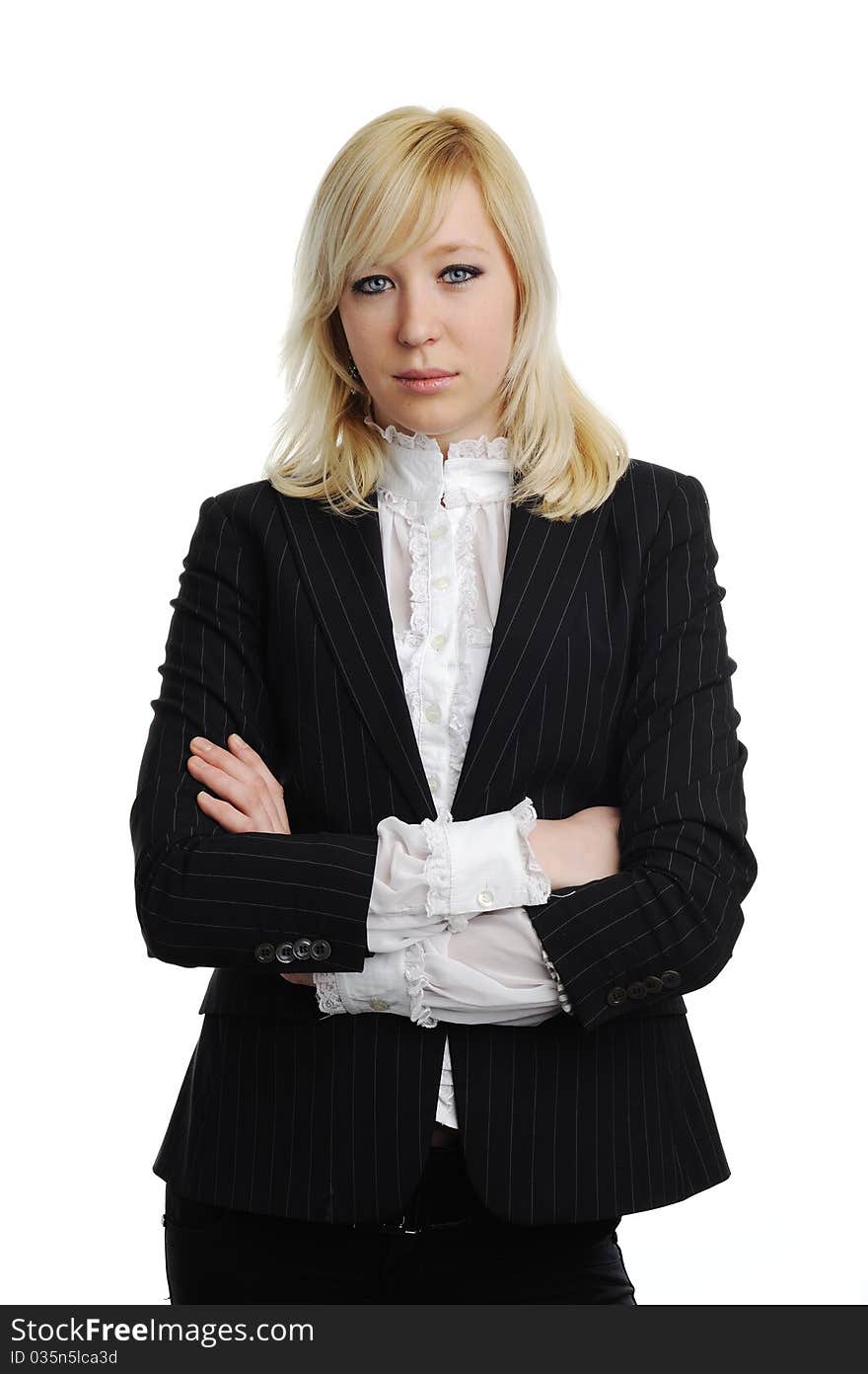 A portrait of a young woman in black suit. A portrait of a young woman in black suit