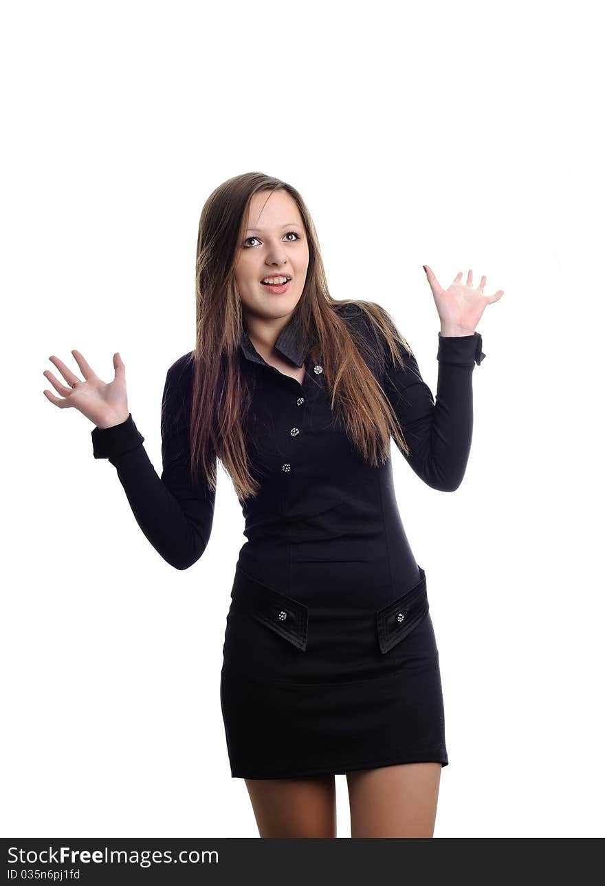 An image of a beautiful surprised girl in black