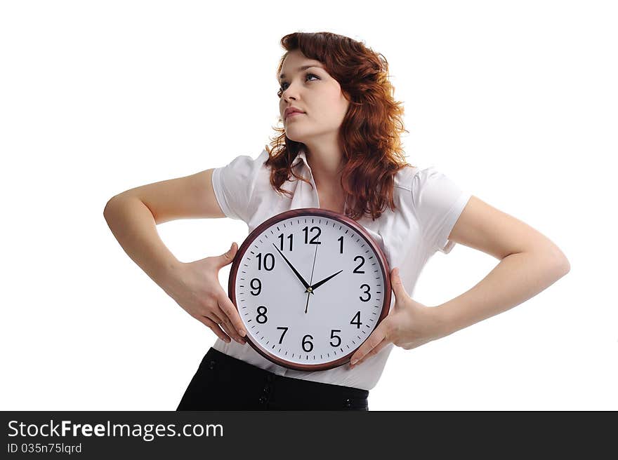 An image of a young woman with a clock. An image of a young woman with a clock