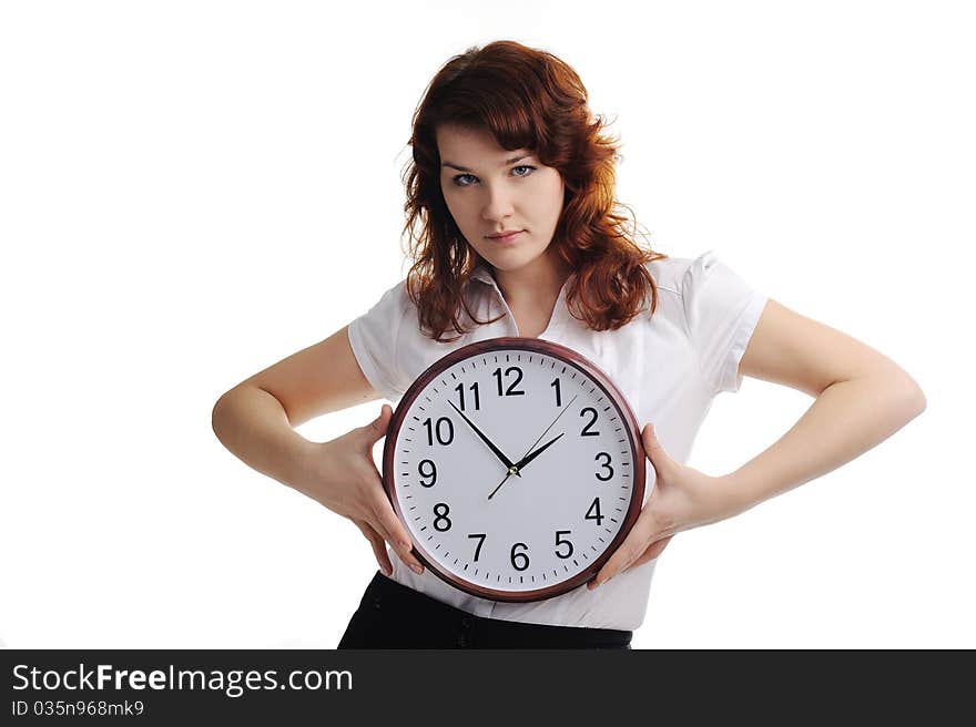 An image of a young woman with a clock. An image of a young woman with a clock