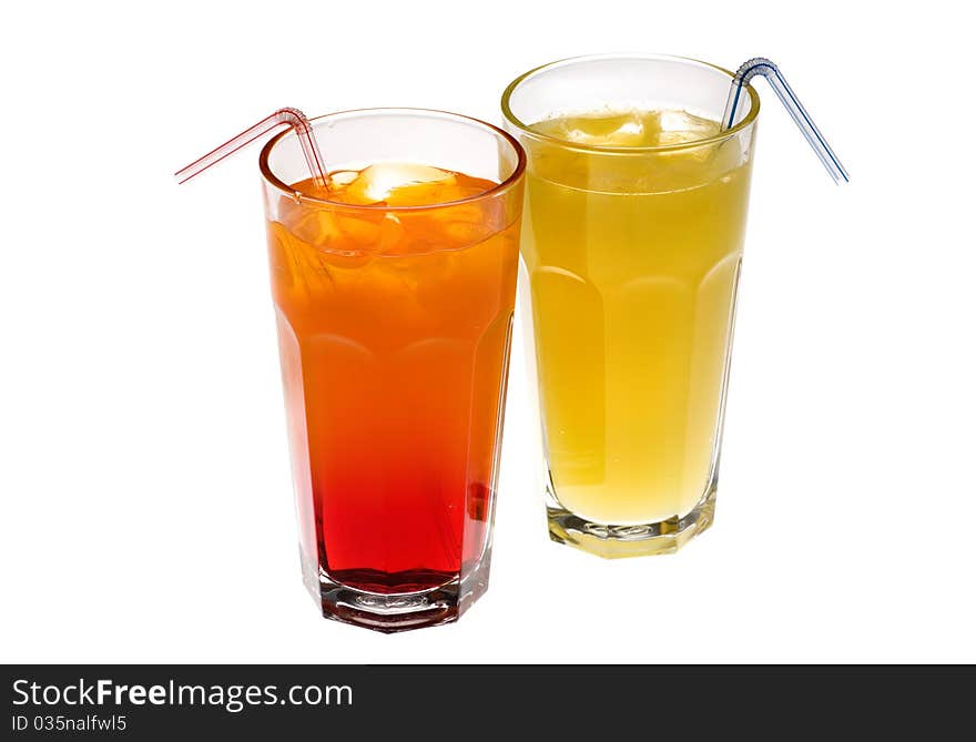 Closeup on a white background with two glasses of drinks. Closeup on a white background with two glasses of drinks