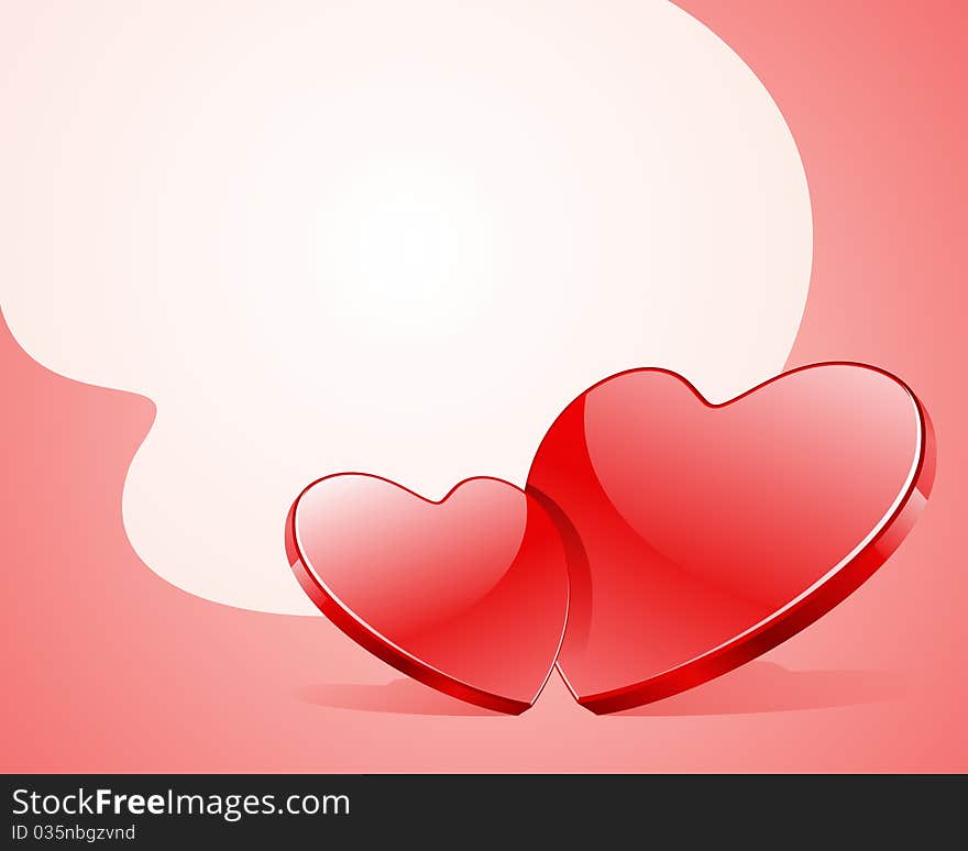 Two red shiny glass hearts Valentine's day background