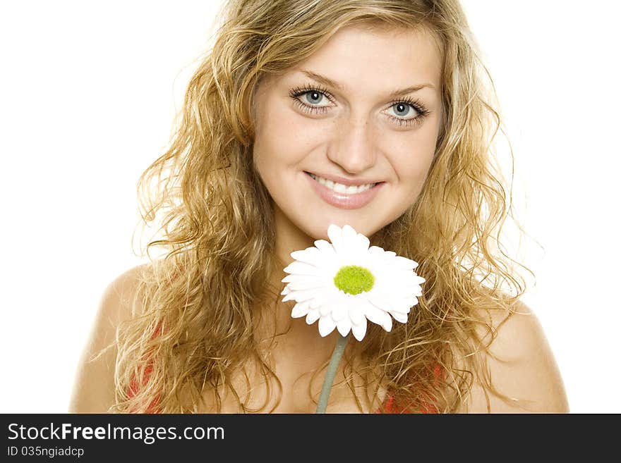 Portrait of Fresh and Beautiful woman with flower isolated on white