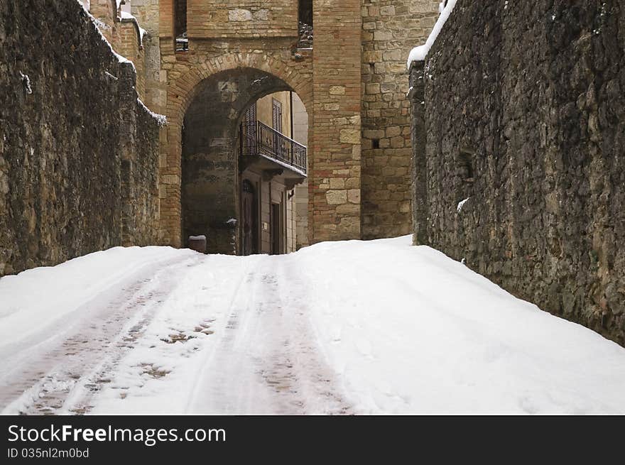 Old Italian village in the snow. Old Italian village in the snow