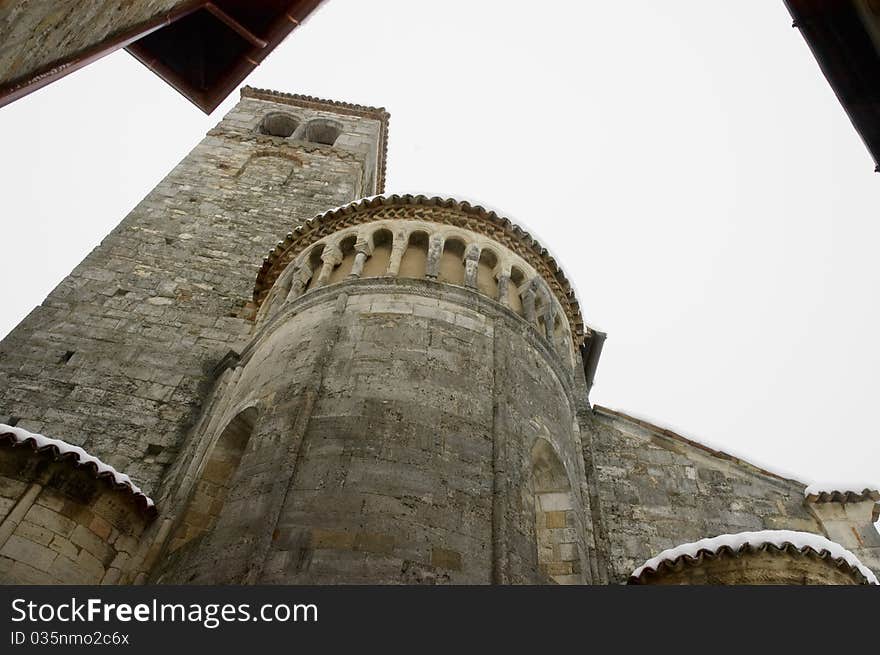 Bell tower of an old church from below