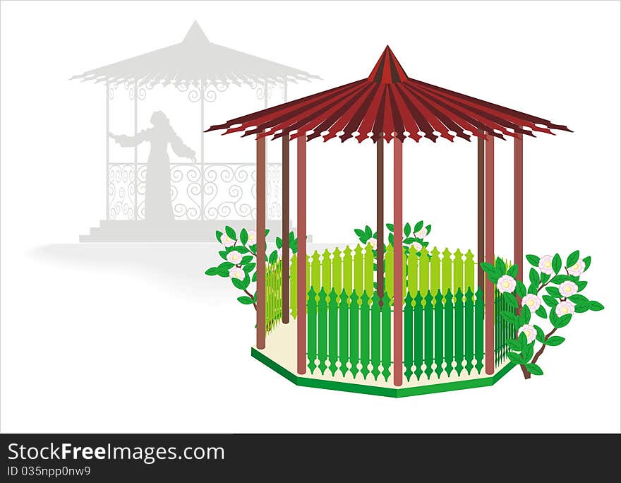 Green arbor of flowers on a background silhouette arbor with a Woman