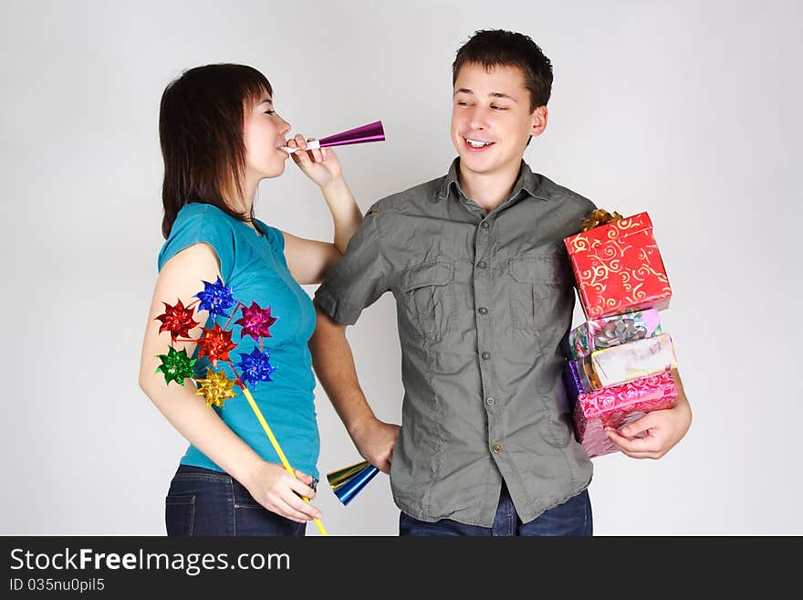 Happy Man And Girl Holding Many Gifts