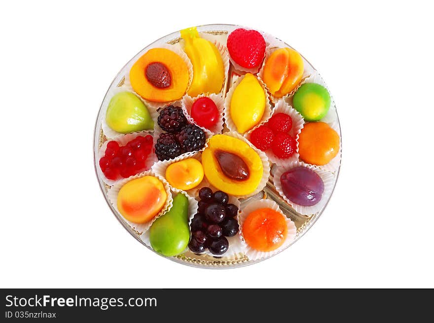 Box of candies from marmalade isolated over white