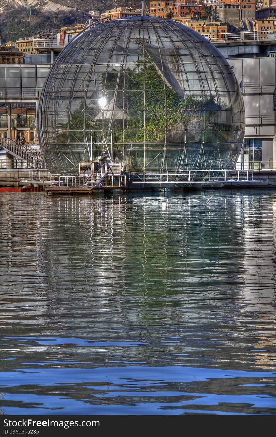 Porto Antico of Genoa, the Biosphere, designed by Renzo Piano. Porto Antico of Genoa, the Biosphere, designed by Renzo Piano