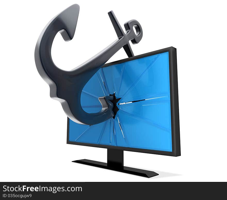 Shipboard anchor inside the flatscreen monitor isolated. Shipboard anchor inside the flatscreen monitor isolated