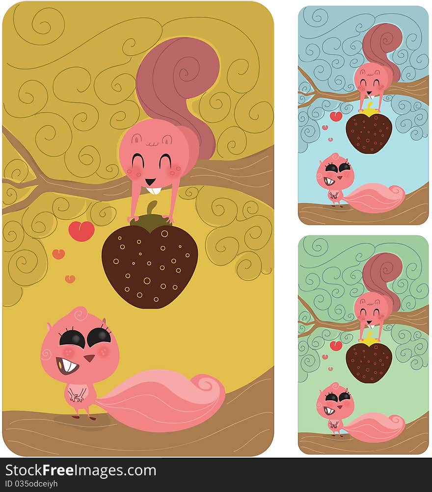 Cute male squirrel or rodent in a tree giving his nut or strawberry to his fiancee or lover. She is enticed with him, completly in love. Retro style illustration. Cute male squirrel or rodent in a tree giving his nut or strawberry to his fiancee or lover. She is enticed with him, completly in love. Retro style illustration