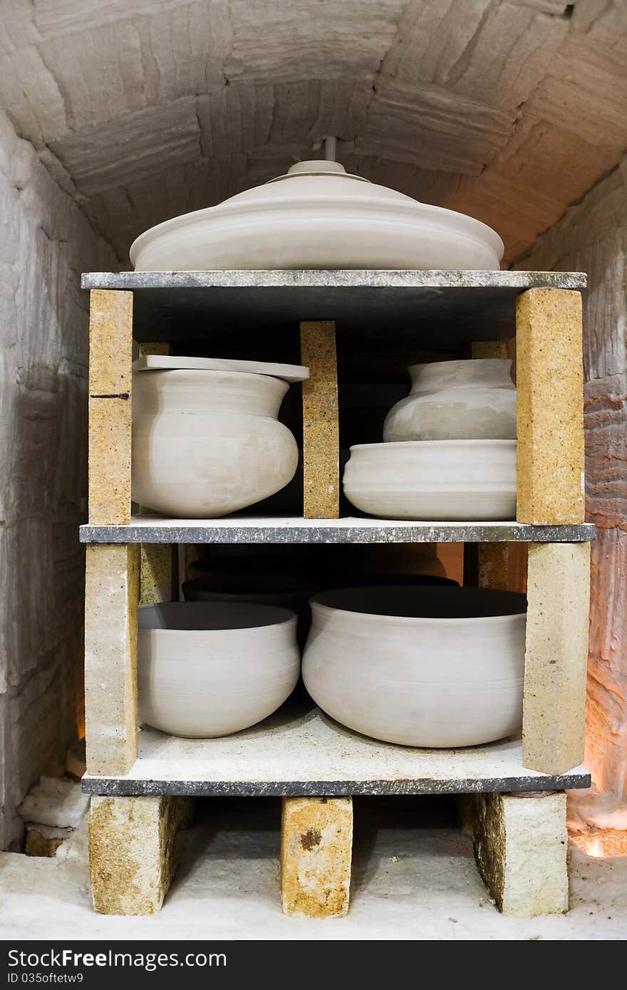 Terracota clay pots in the kiln.