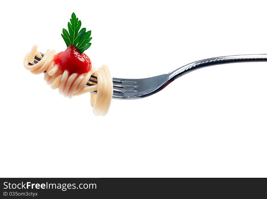 Close-up of a fork with fresh spaghetti isolated over white background. Close-up of a fork with fresh spaghetti isolated over white background.