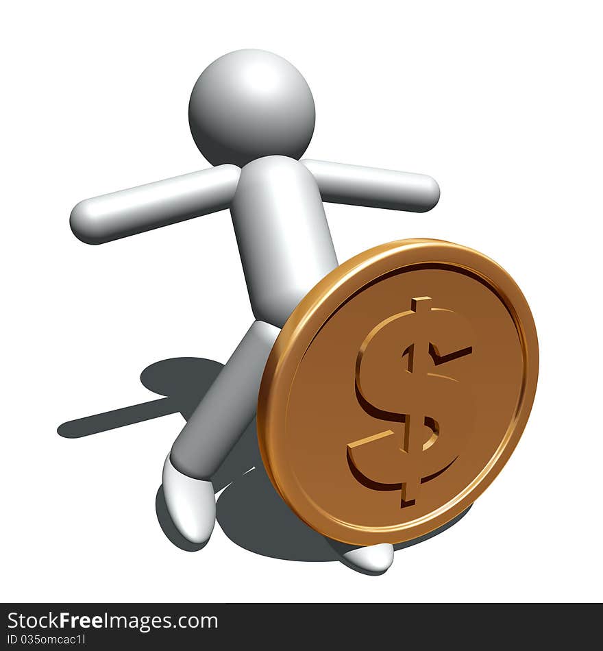 3d illustration of man figure and gold coin. 3d illustration of man figure and gold coin