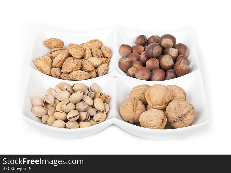 Four kinds of popular nuts lie separately in a white plate on a white background. A shot horizontal, focus in the shot center