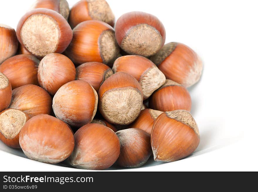 Small group Hazelnut lies on a plate on a white background. A shot horizontal, focus in the shot center