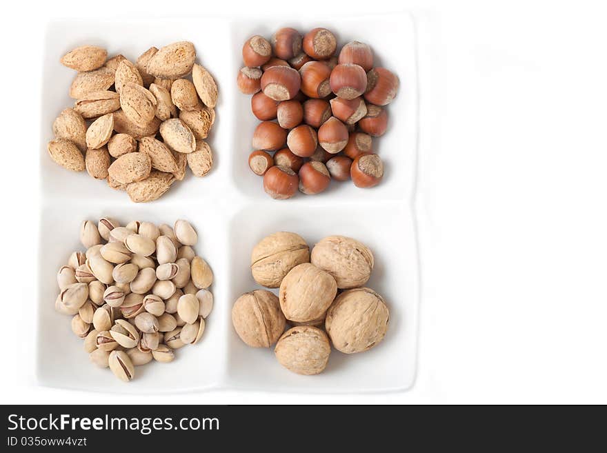 Four kinds of popular nuts lie separately in a white plate on a white background. A shot horizontal, focus in the shot center