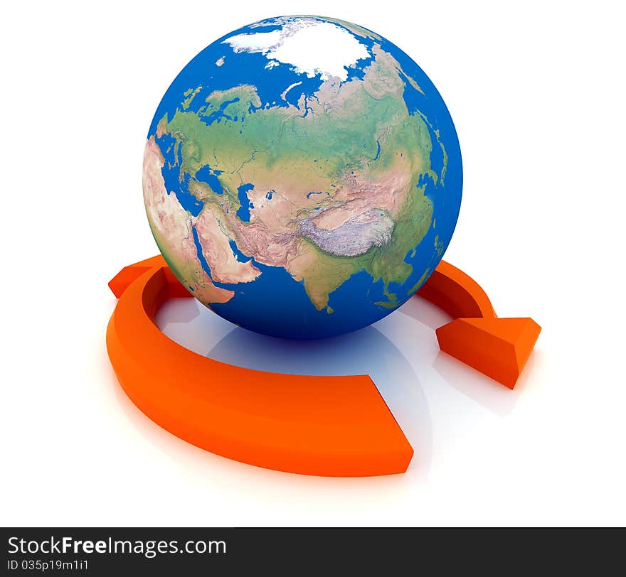 Two arrows surrounding Earth globe - 3d render. Two arrows surrounding Earth globe - 3d render