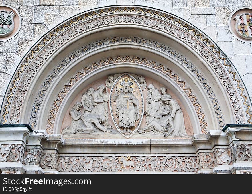 The front facade of the large, ornate cathedral in Olten Switzerland. The front facade of the large, ornate cathedral in Olten Switzerland